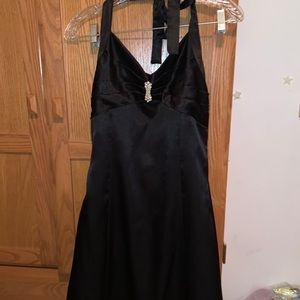 BLACK SILKY DRESS W TIE NECK